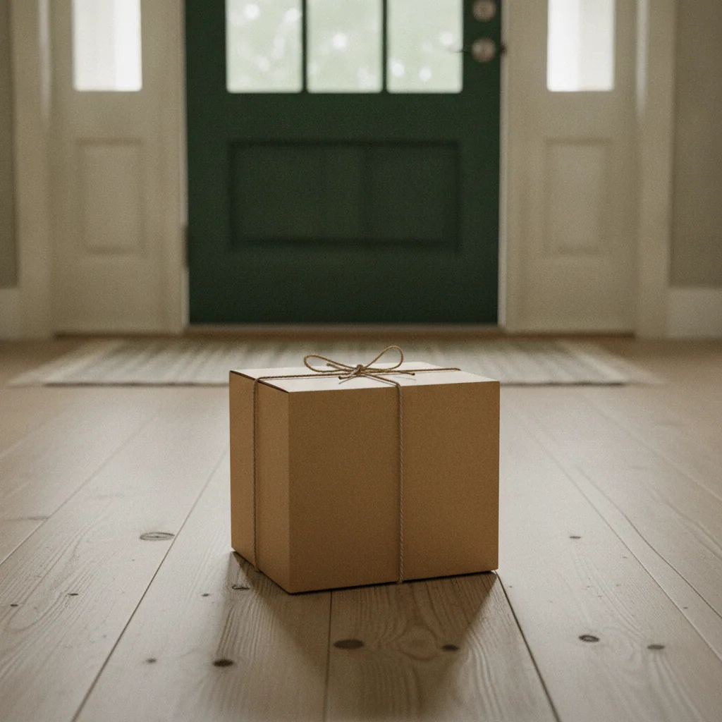 A neatly wrapped kraft paper parcel placed on a wooden floor near a bright front door ready for delivery