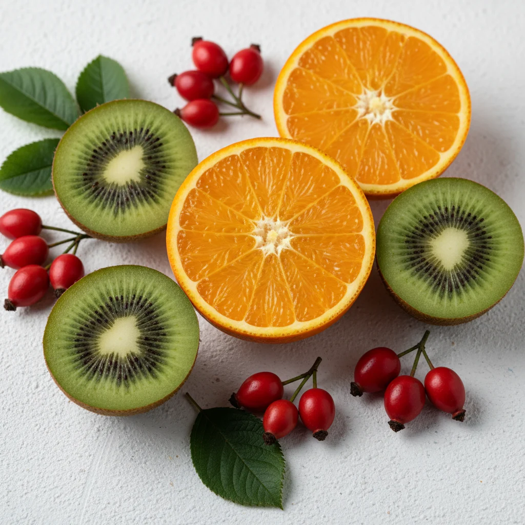 Fresh oranges kiwi and rosehip berries arranged on a light cream surface, natural vitamin C food sources